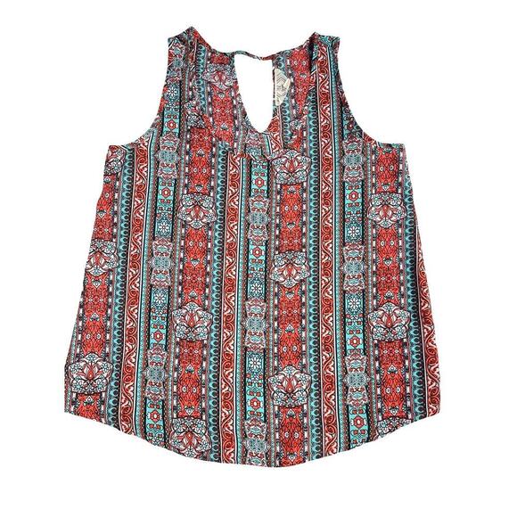 Pink Rose Sleeveless Boho Print Blouse with Keyhole Back – Size Small - Picture 2 of 10